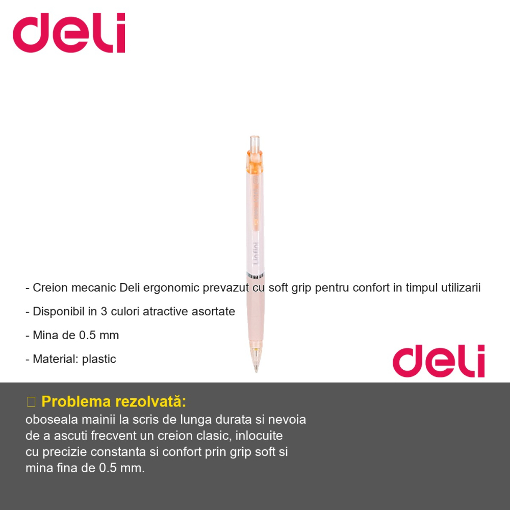 Creion mecanic Deli Linfini 0.5 mm, grip ergonomic soft, culori macarons, pentru scris si desen tehnic [2]