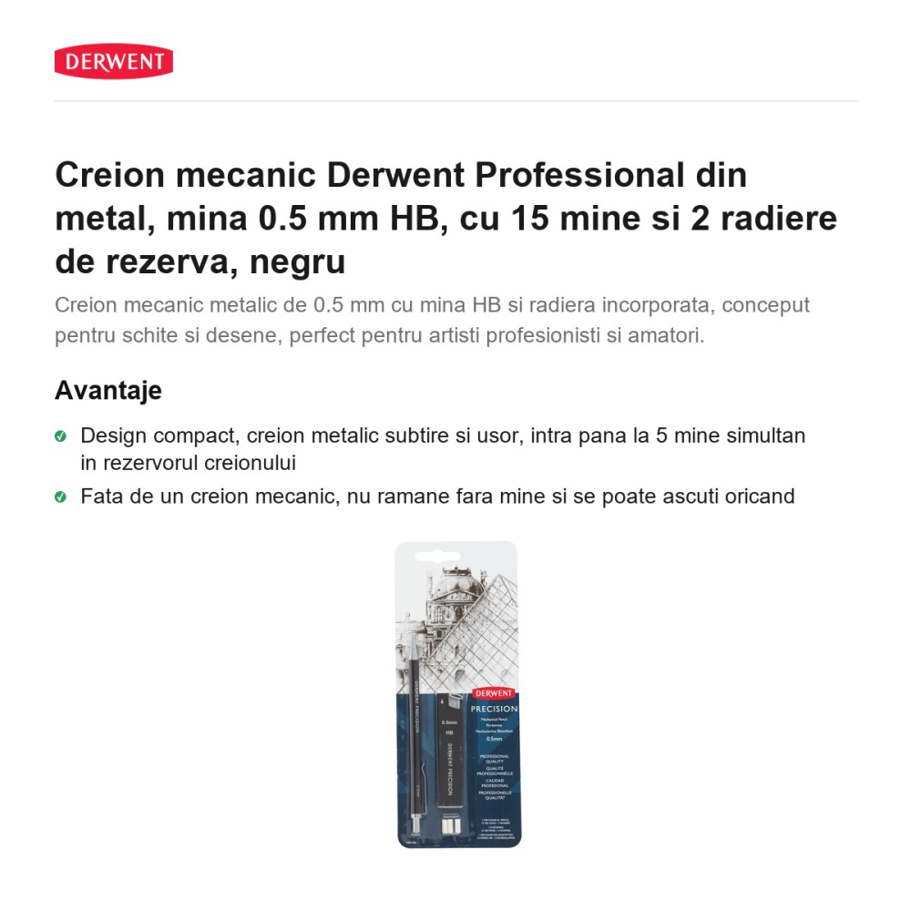 Creion mecanic Derwent Professional din metal, mina 0.5 mm HB, cu 15 mine si 2 radiere de rezerva, negru [2]