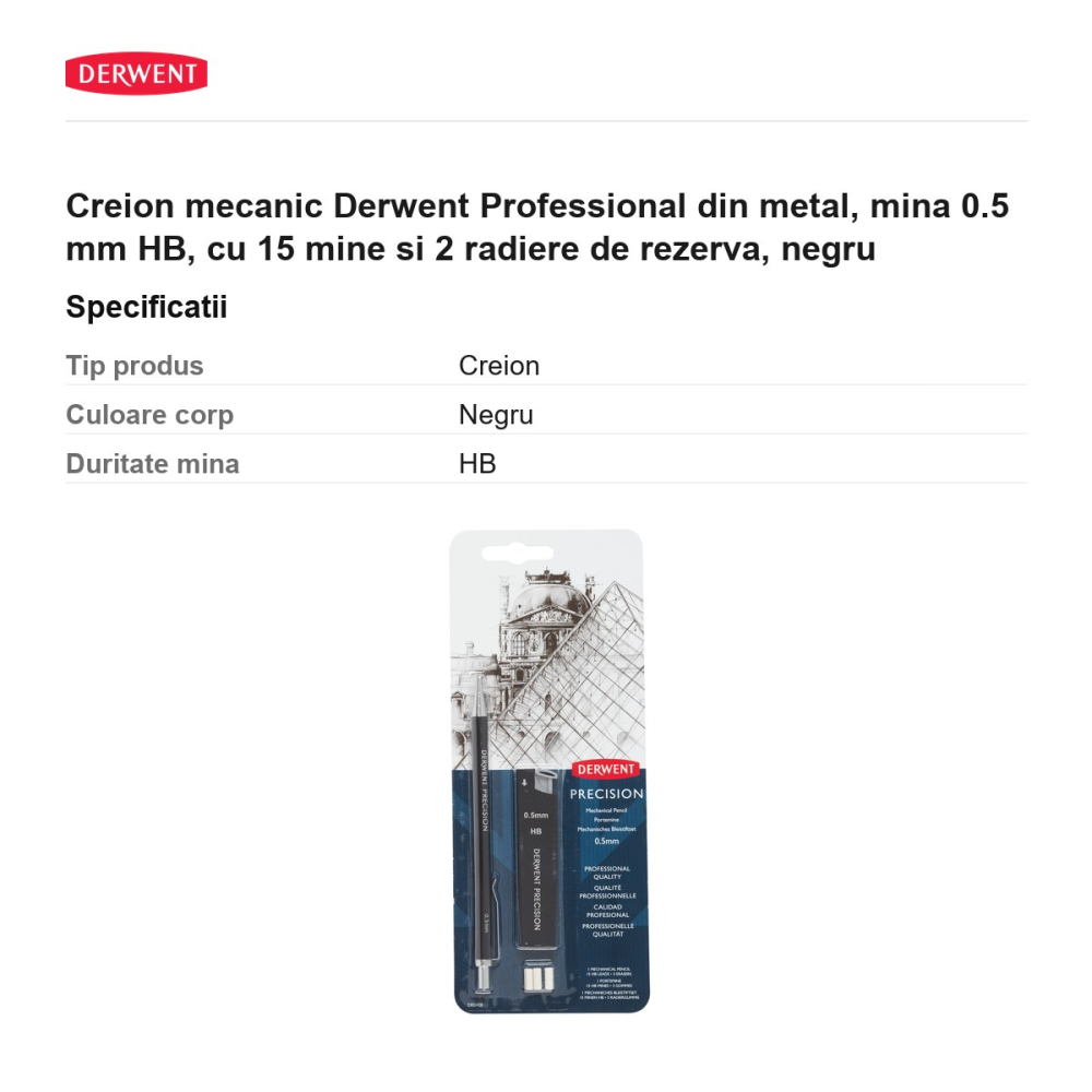Creion mecanic Derwent Professional din metal, mina 0.5 mm HB, cu 15 mine si 2 radiere de rezerva, negru [3]