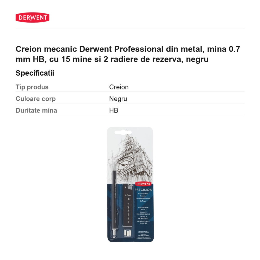 Creion mecanic Derwent Professional din metal, mina 0.7 mm HB, cu 15 mine si 2 radiere de rezerva, negru [3]
