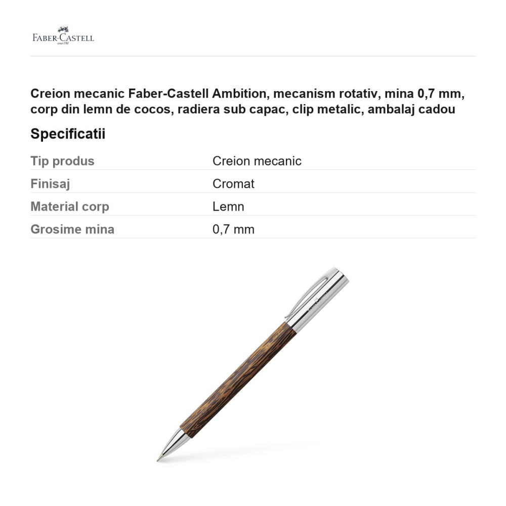 Creion mecanic Faber-Castell Ambition, mecanism rotativ, mina 0,7 mm, corp din lemn de cocos, radiera sub capac, clip metalic, ambalaj cadou [3]