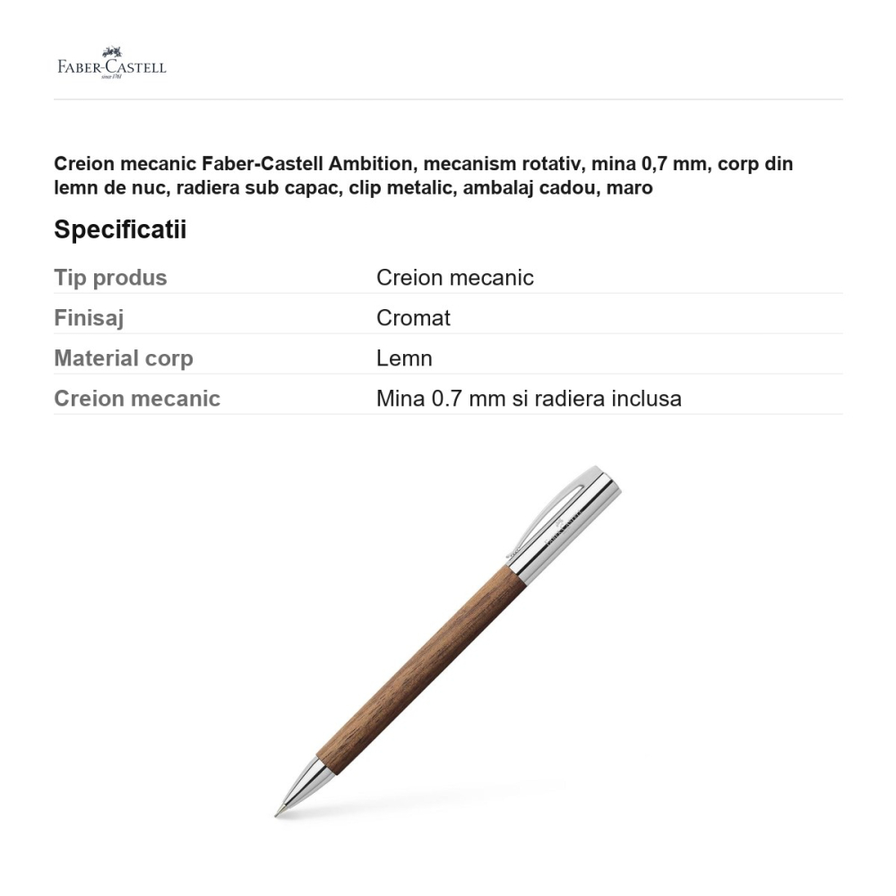 Creion mecanic Faber-Castell Ambition, mecanism rotativ, mina 0,7 mm, corp din lemn de nuc, radiera sub capac, clip metalic, ambalaj cadou, maro [3]
