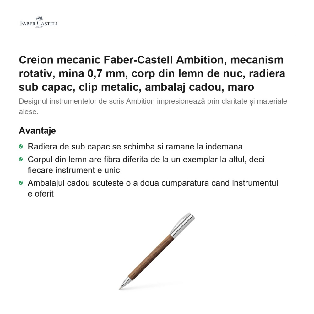Creion mecanic Faber-Castell Ambition, mecanism rotativ, mina 0,7 mm, corp din lemn de nuc, radiera sub capac, clip metalic, ambalaj cadou, maro [2]