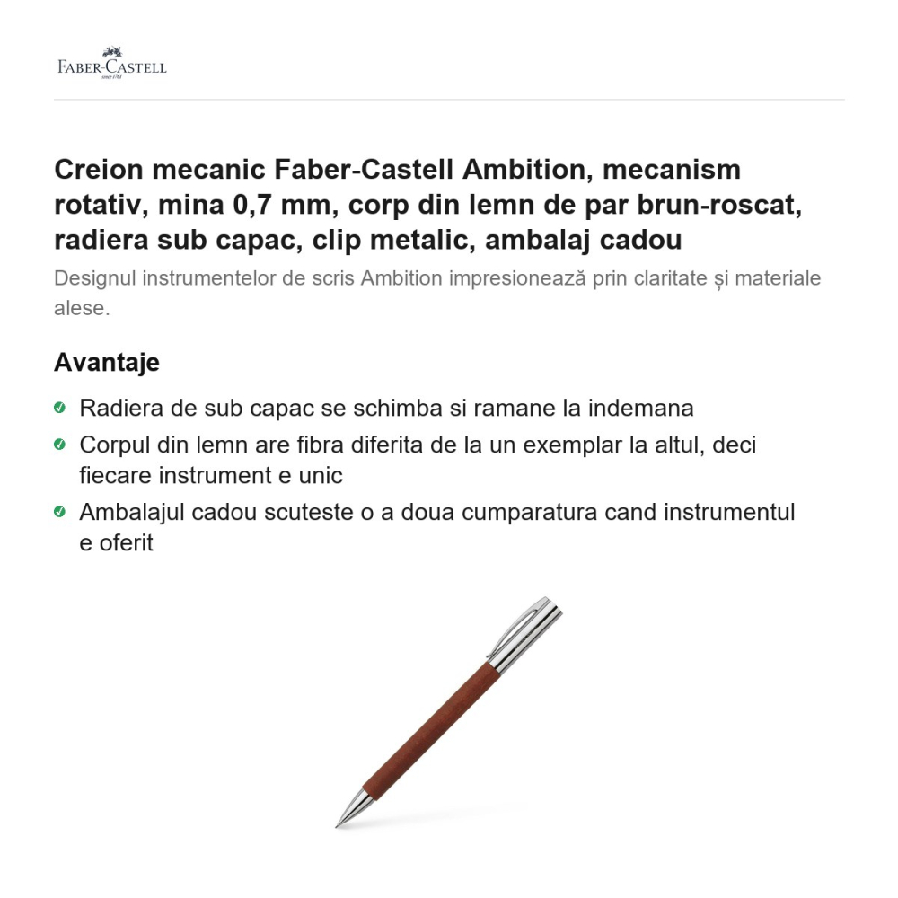 Creion mecanic Faber-Castell Ambition, mecanism rotativ, mina 0,7 mm, corp din lemn de par brun-roscat, radiera sub capac, clip metalic, ambalaj cadou [2]