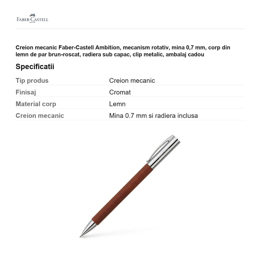 Creion mecanic Faber-Castell Ambition, mecanism rotativ, mina 0,7 mm, corp din lemn de par brun-roscat, radiera sub capac, clip metalic, ambalaj cadou [3]