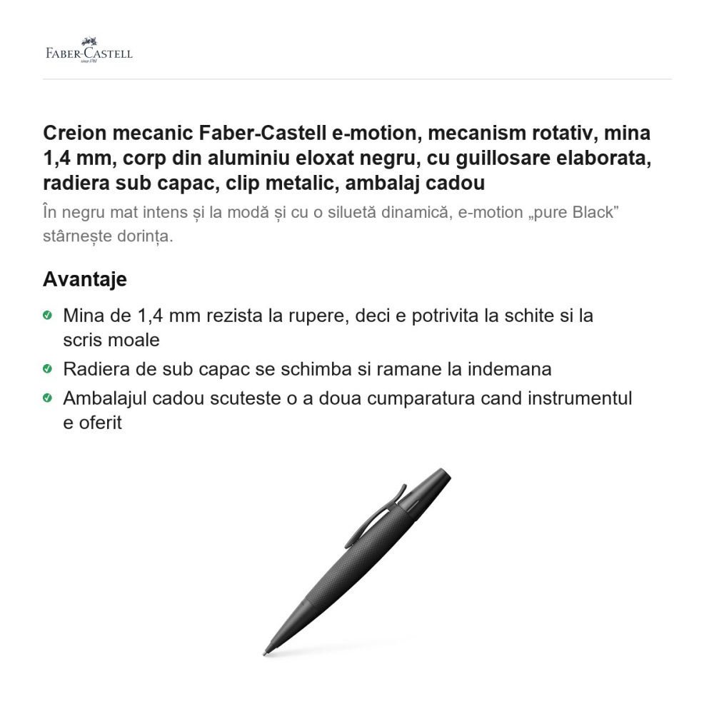 Creion mecanic Faber-Castell e-motion, mecanism rotativ, mina 1,4 mm, corp din aluminiu eloxat negru, cu guillosare elaborata, radiera sub capac, clip metalic, ambalaj cadou [2]