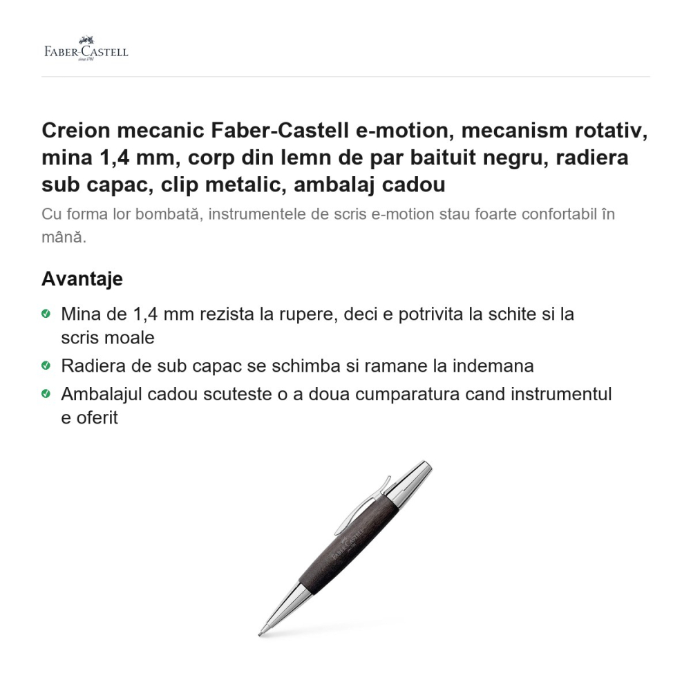 Creion mecanic Faber-Castell e-motion, mecanism rotativ, mina 1,4 mm, corp din lemn de par baituit negru, radiera sub capac, clip metalic, ambalaj cadou [2]