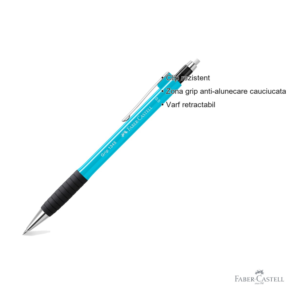 Creion mecanic Faber-Castell Grip 1345 0.5mm bleu, zona grip cauciucata, pentru scriere precisa [3]
