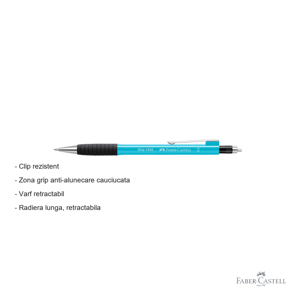 Creion mecanic Faber-Castell Grip 1345 0.5mm bleu, zona grip cauciucata, pentru scriere precisa [2]