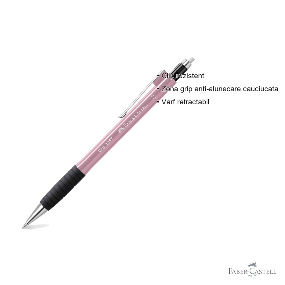 Creion mecanic Faber-Castell Grip 1345 cu mina 0.7mm si radiera retractabila, rose [3]