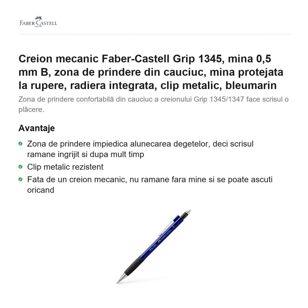 Creion mecanic Faber-Castell Grip 1345, mina 0,5 mm B, zona de prindere din cauciuc, mina protejata la rupere, radiera integrata, clip metalic, bleumarin [2]