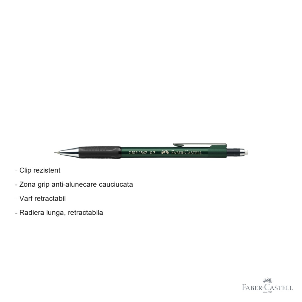 Creion mecanic Faber-Castell Grip 1347, 0.7mm, grip cauciucat, radiera retractabila, verde [2]