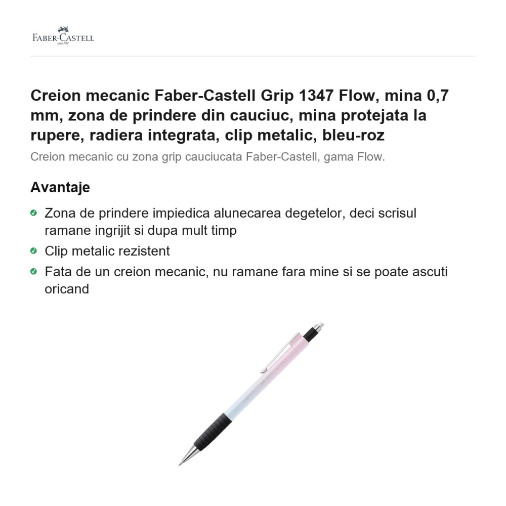 Creion mecanic Faber-Castell Grip 1347 Flow, mina 0,7 mm, zona de prindere din cauciuc, mina protejata la rupere, radiera integrata, clip metalic, bleu-roz [2]