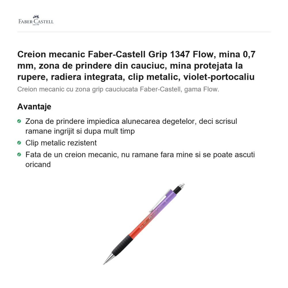 Creion mecanic Faber-Castell Grip 1347 Flow, mina 0,7 mm, zona de prindere din cauciuc, mina protejata la rupere, radiera integrata, clip metalic, violet-portocaliu [2]