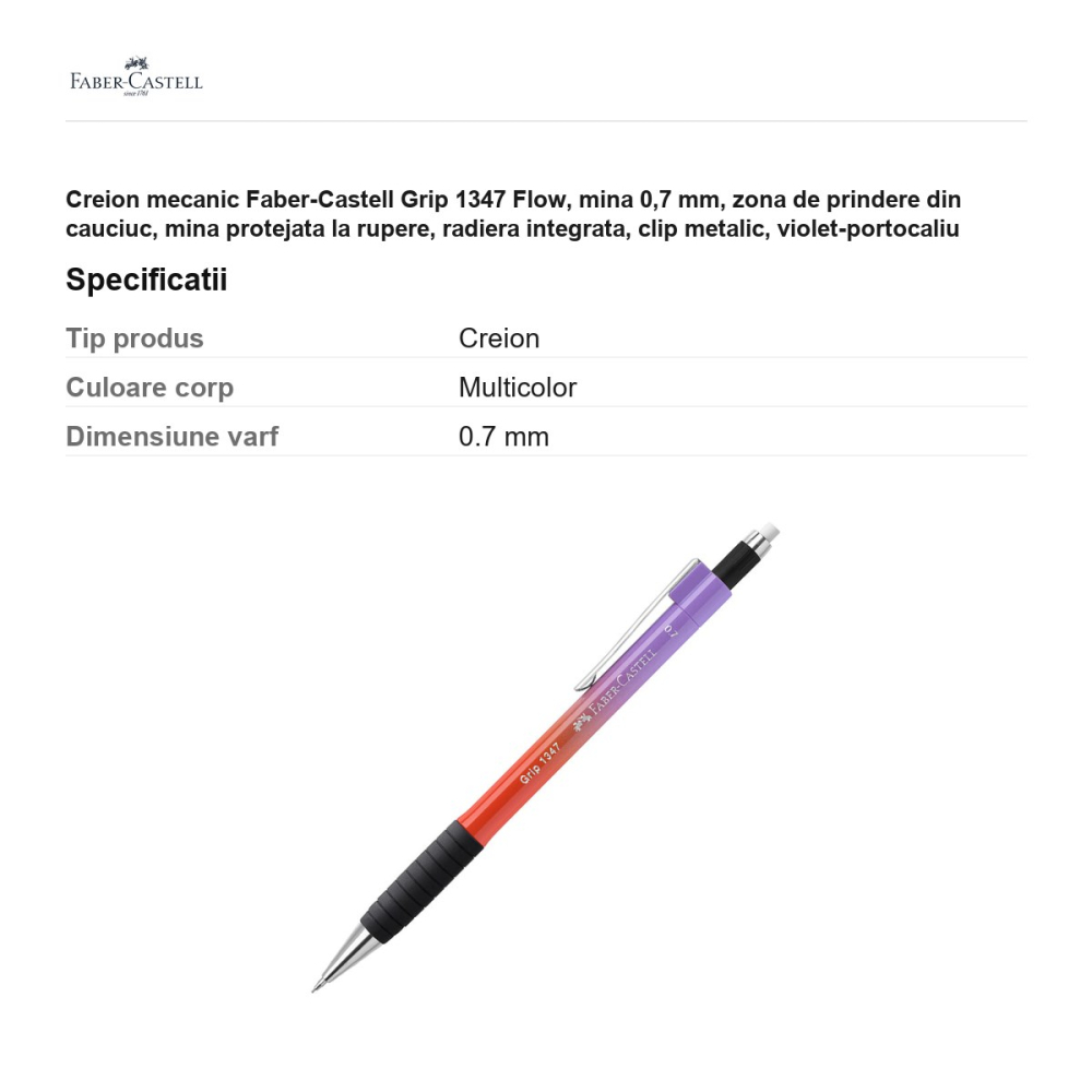 Creion mecanic Faber-Castell Grip 1347 Flow, mina 0,7 mm, zona de prindere din cauciuc, mina protejata la rupere, radiera integrata, clip metalic, violet-portocaliu [3]