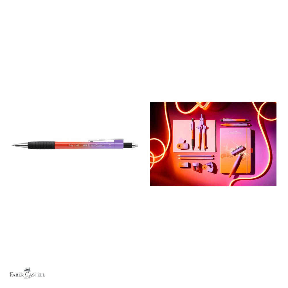 Creion mecanic Faber-Castell Grip 1347 Flow, mina 0,7 mm, zona de prindere din cauciuc, mina protejata la rupere, radiera integrata, clip metalic, violet-portocaliu [4]