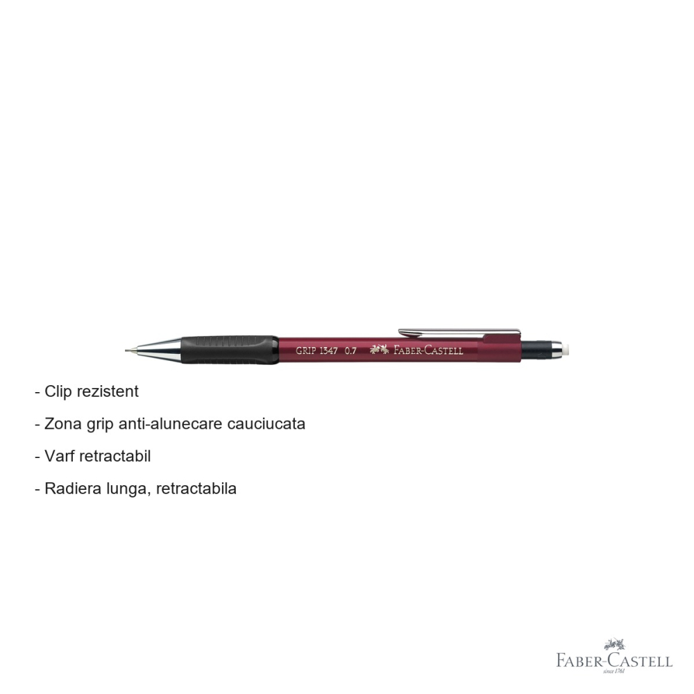 Creion mecanic Faber-Castell Grip 1347 rosu cu mina 0.7mm, zona grip cauciucata anti-alunecare [2]