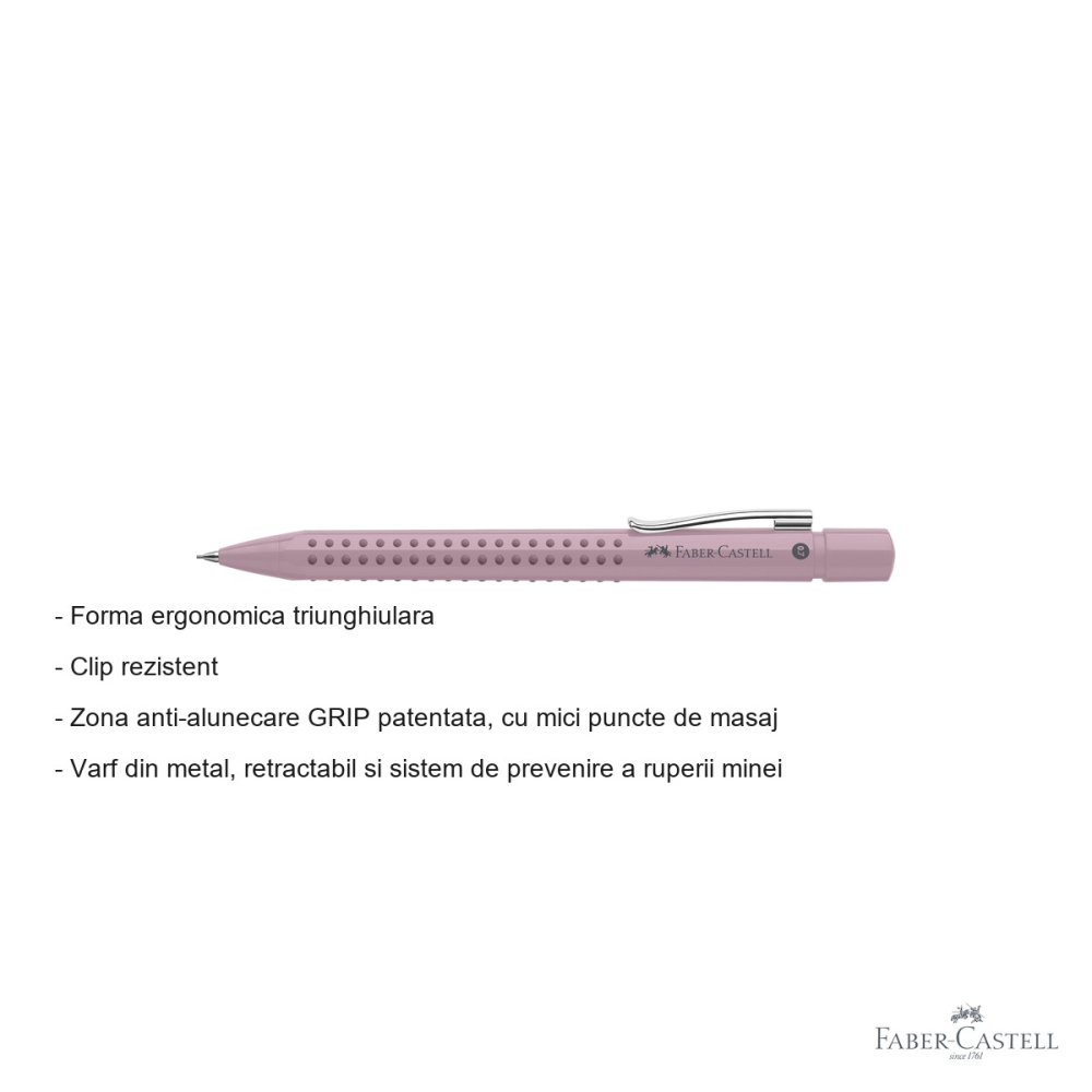 Creion mecanic Faber-Castell Grip 2010 Rose 0.7mm, forma ergonomica triunghiulara, pentru scriere confortabila [2]