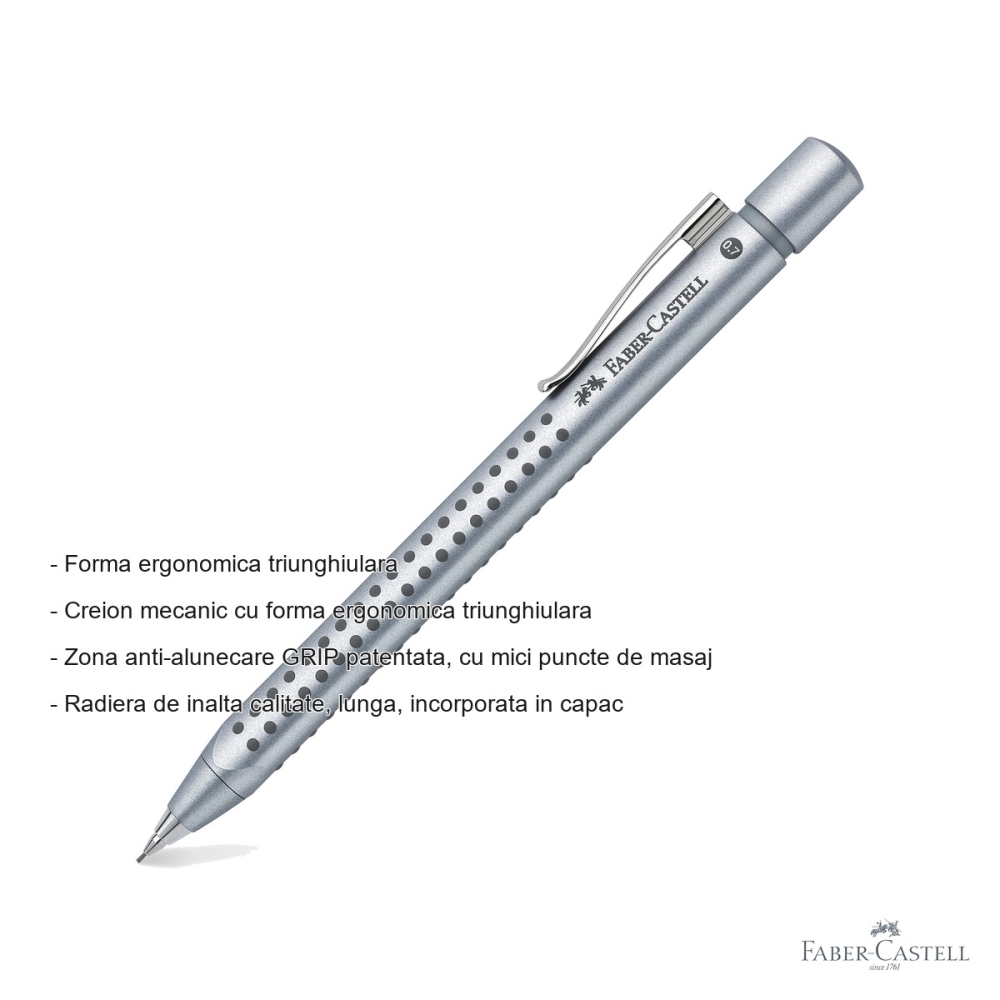 Creion mecanic Faber-Castell Grip 2011 0.7mm argintiu, forma ergonomica triunghiulara, pentru scriere precisa [2]