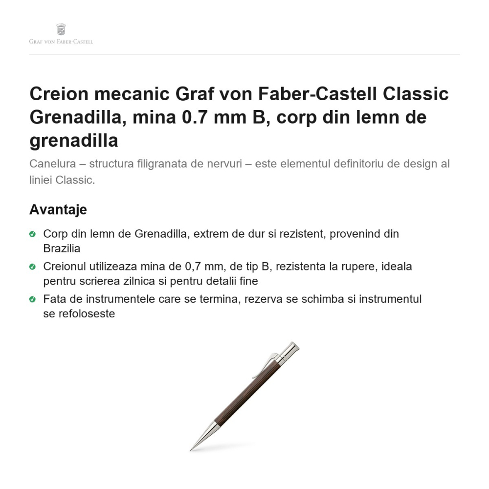 Creion mecanic Graf von Faber-Castell Classic Grenadilla, mina 0.7 mm B, corp din lemn de grenadilla [2]