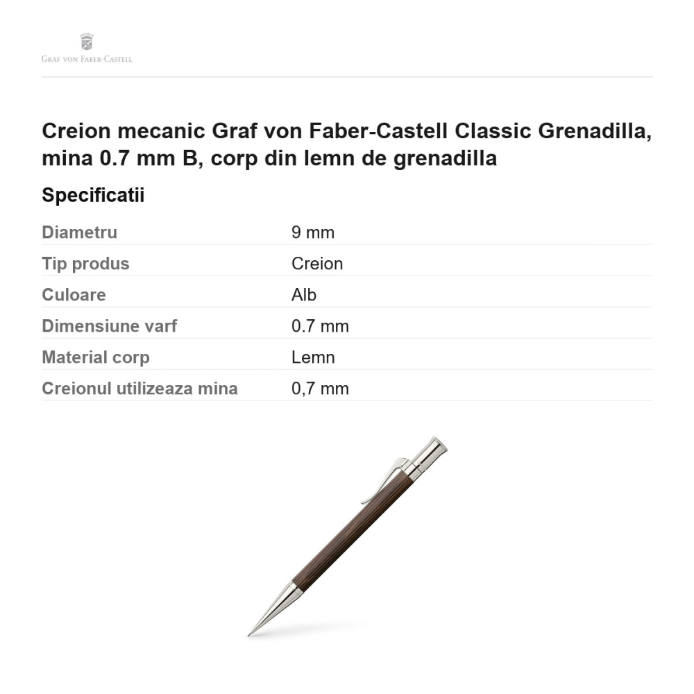 Creion mecanic Graf von Faber-Castell Classic Grenadilla, mina 0.7 mm B, corp din lemn de grenadilla [3]