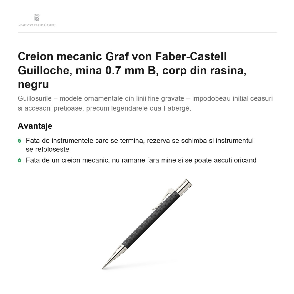 Creion mecanic Graf von Faber-Castell Guilloche, mina 0.7 mm B, corp din rasina, negru [2]