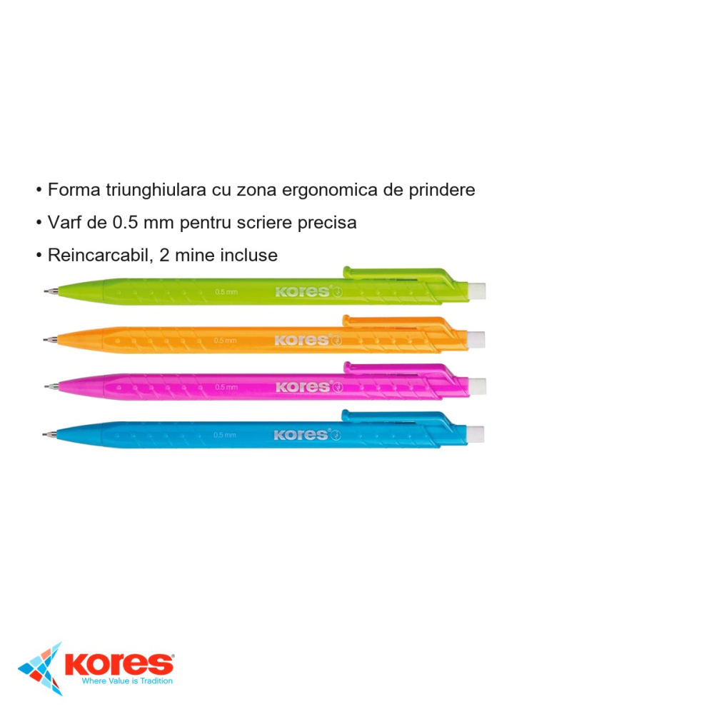 Creion mecanic Kores Grafitos 0.5mm, forma triunghiulara ergonomica, culori asortate, pentru scriere precisa [3]