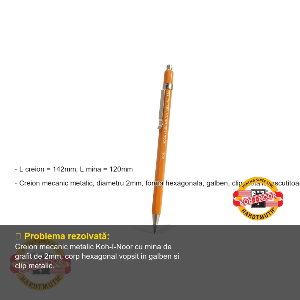 Creion mecanic metalic Koh-I-Noor, mina 2mm, corp hexagonal galben, cu ascutitoare integrata, pentru scris si desen tehnic [2]
