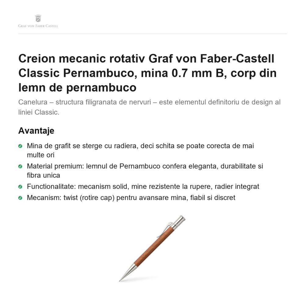Creion mecanic rotativ Graf von Faber-Castell Classic Pernambuco, mina 0.7 mm B, corp din lemn de pernambuco [2]