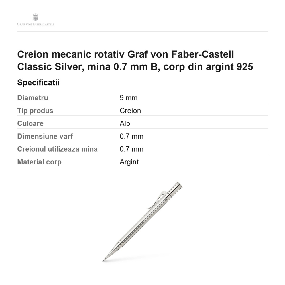 Creion mecanic rotativ Graf von Faber-Castell Classic Silver, mina 0.7 mm B, corp din argint 925 [3]