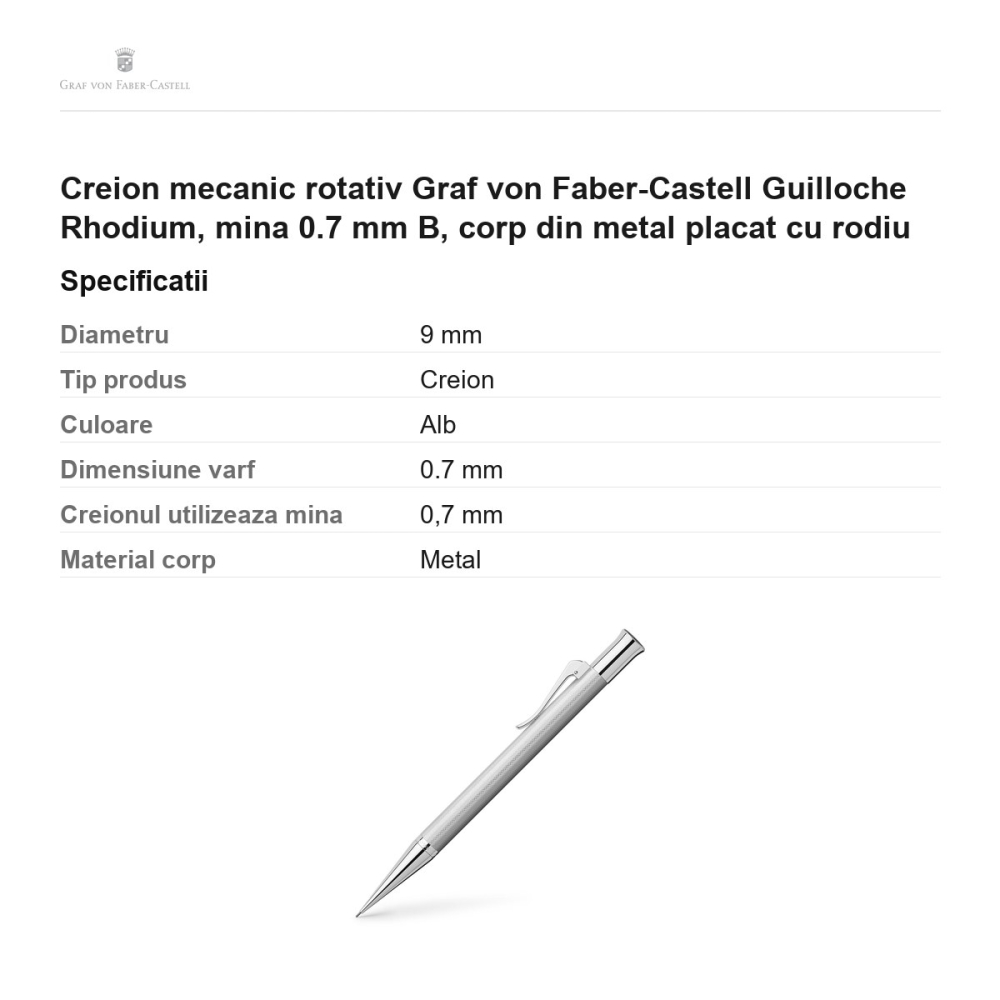 Creion mecanic rotativ Graf von Faber-Castell Guilloche Rhodium, mina 0.7 mm B, corp din metal placat cu rodiu [3]