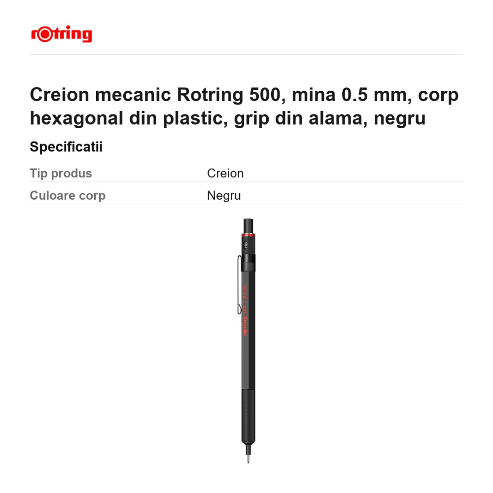 Creion mecanic Rotring 500, mina 0.5 mm, corp hexagonal din plastic, grip din alama, negru [3]