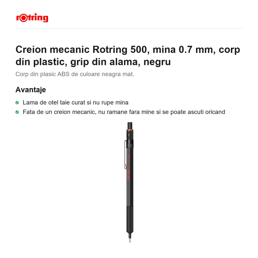 Creion mecanic Rotring 500, mina 0.7 mm, corp din plastic, grip din alama, negru [2]