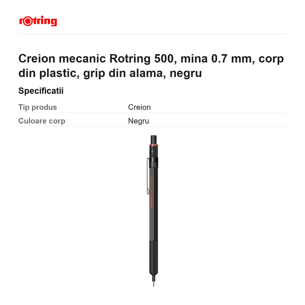 Creion mecanic Rotring 500, mina 0.7 mm, corp din plastic, grip din alama, negru [3]