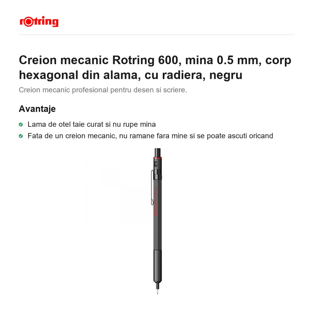 Creion mecanic Rotring 600, mina 0.5 mm, corp hexagonal din alama, cu radiera, negru [2]