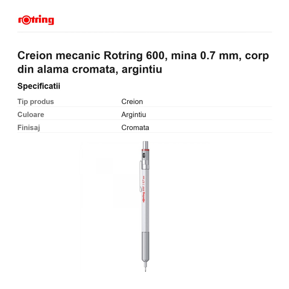 Creion mecanic Rotring 600, mina 0.7 mm, corp din alama cromata, argintiu [3]