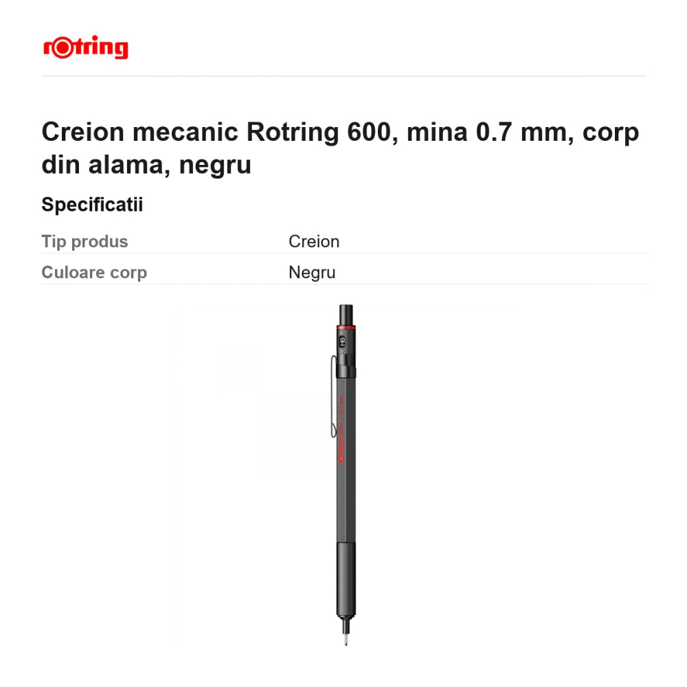 Creion mecanic Rotring 600, mina 0.7 mm, corp din alama, negru [3]