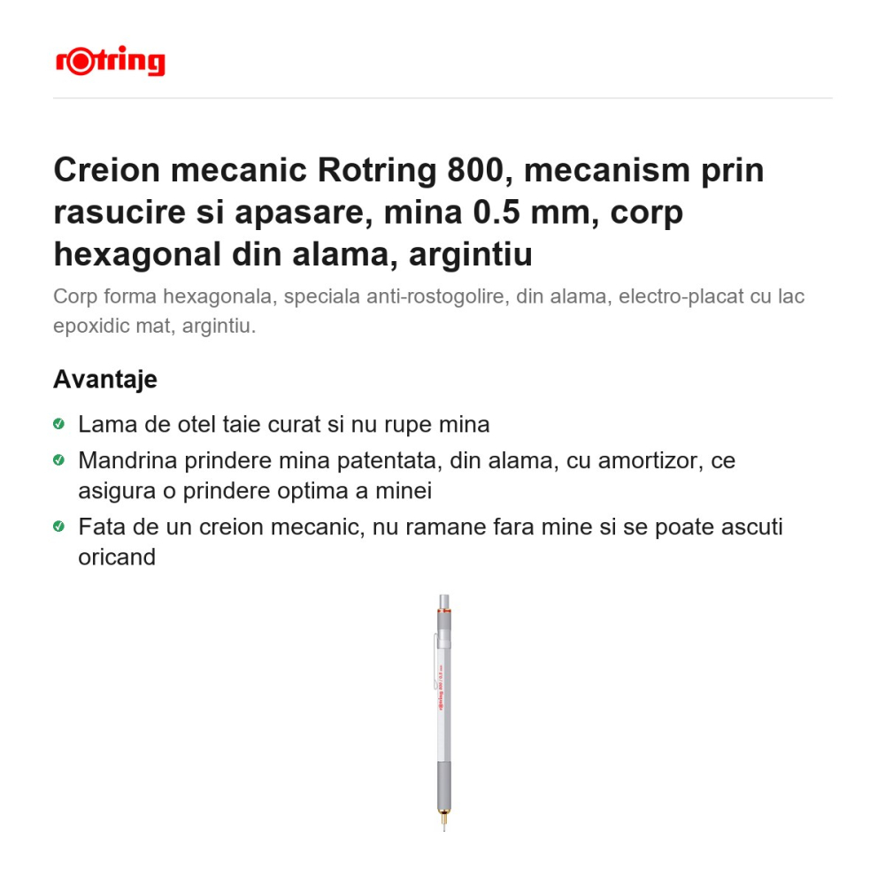 Creion mecanic Rotring 800, mecanism prin rasucire si apasare, mina 0.5 mm, corp hexagonal din alama, argintiu [2]