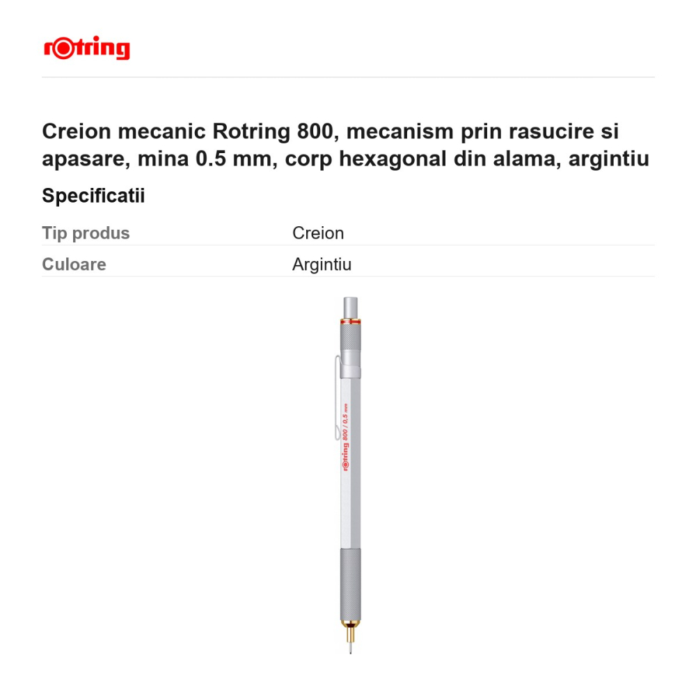 Creion mecanic Rotring 800, mecanism prin rasucire si apasare, mina 0.5 mm, corp hexagonal din alama, argintiu [3]