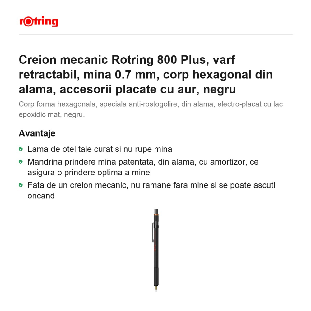 Creion mecanic Rotring 800 Plus, varf retractabil, mina 0.7 mm, corp hexagonal din alama, accesorii placate cu aur, negru [2]