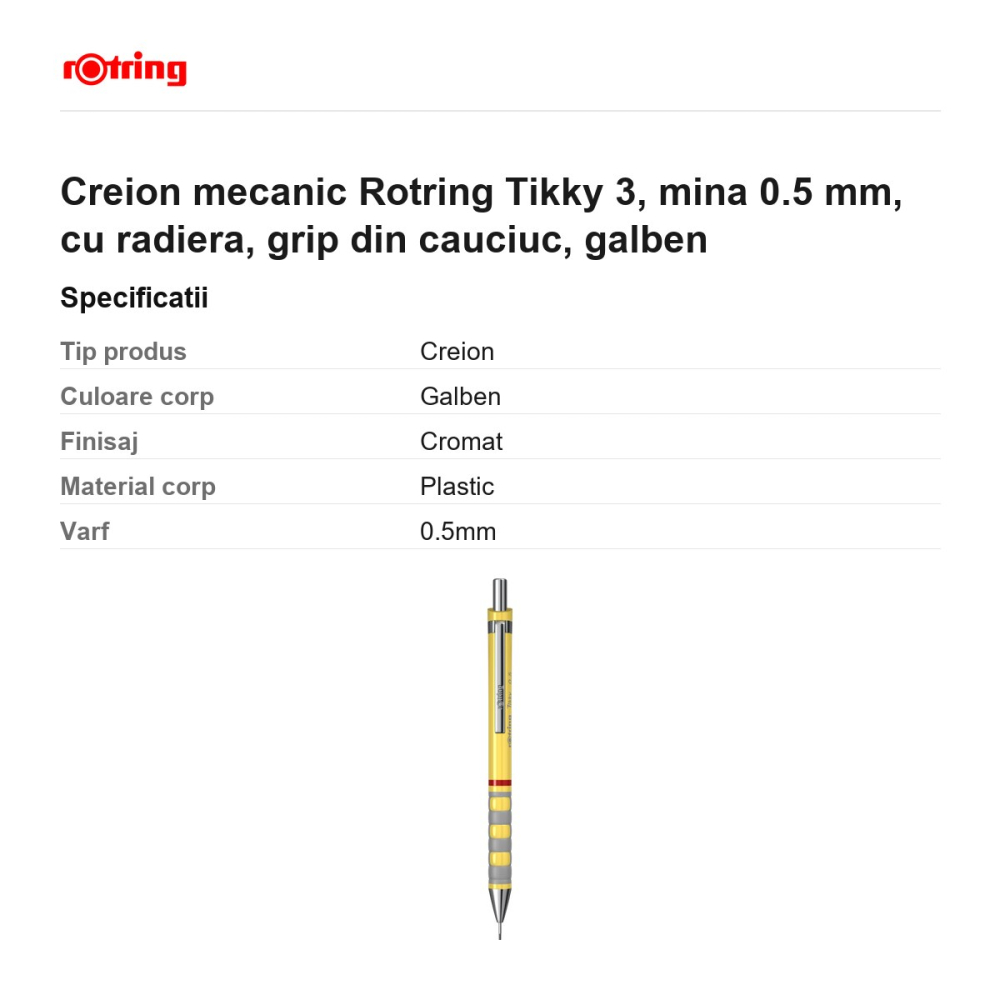 Creion mecanic Rotring Tikky 3, mina 0.5 mm, cu radiera, grip din cauciuc, galben [3]