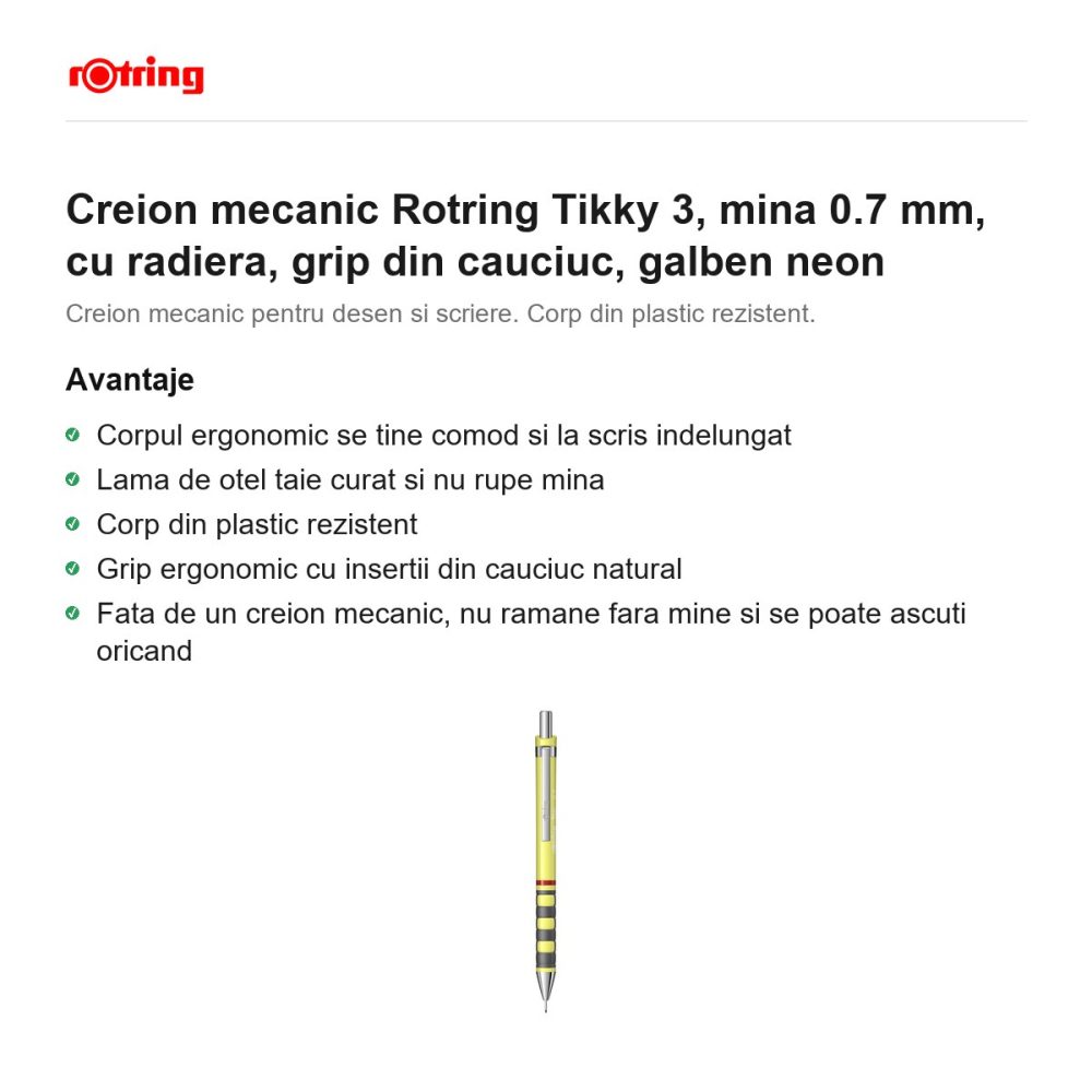Creion mecanic Rotring Tikky 3, mina 0.7 mm, cu radiera, grip din cauciuc, galben neon [2]