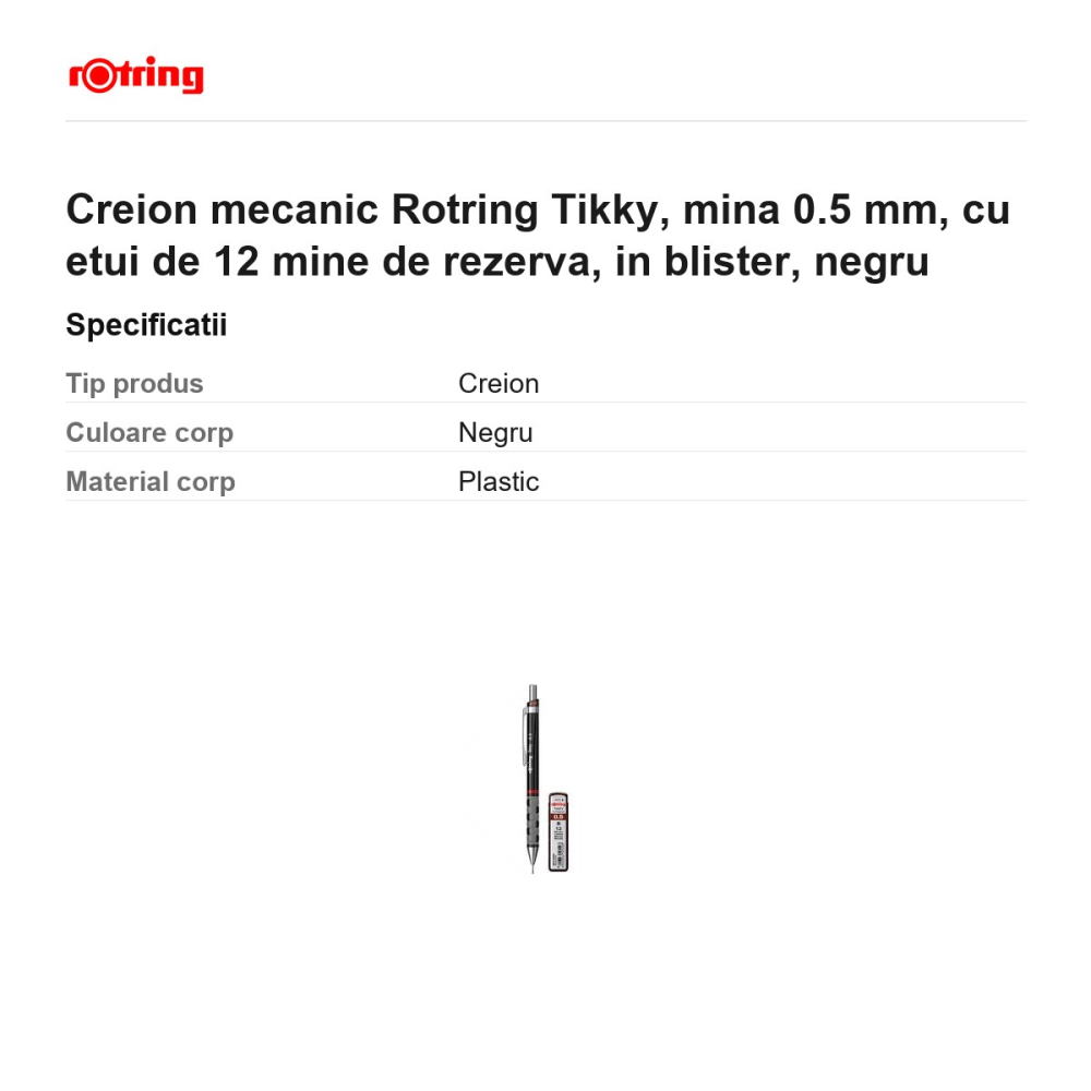 Creion mecanic Rotring Tikky, mina 0.5 mm, cu etui de 12 mine de rezerva, in blister, negru [3]