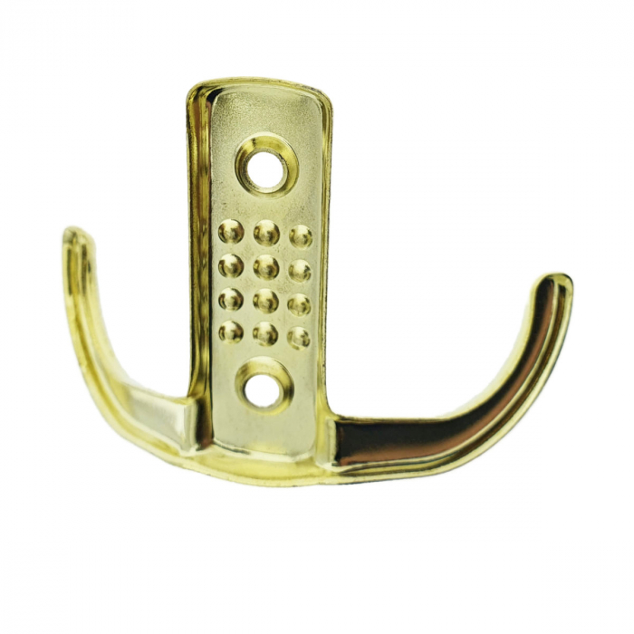 Cuier din metal pentru mobila sau perete, cu 2 agatatori de 2 cm, MOB-65145, 2 orificii de montare, dimensiuni 85 x 57 x 30 mm, auriu [2]