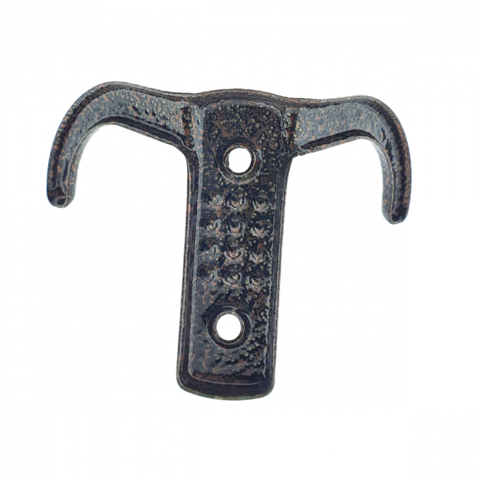 Cuier din metal pentru mobila sau perete, cu 2 agatatori de 2 cm, MOB-65284, 2 orificii de montare, dimensiuni 85 x 57 x 30 mm, maro [6]