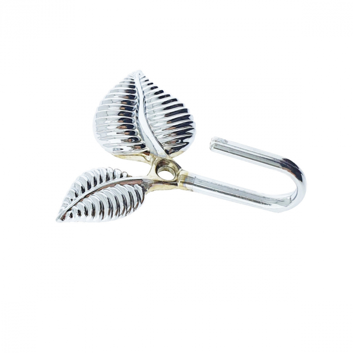 Cuier din metal pentru mobila sau perete cu o agatatoare de 3 cm, MOB-67038, un orificiu de montare, dimensiuni 75 x 67 x 20 mm, design frunze, argintiu [5]