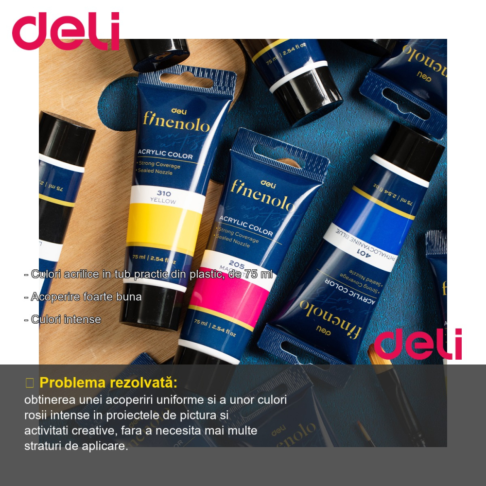Culoare acrilica Deli, tub 75 ml, rosu intens, acoperire foarte buna, pentru pictura si activitati creative [2]
