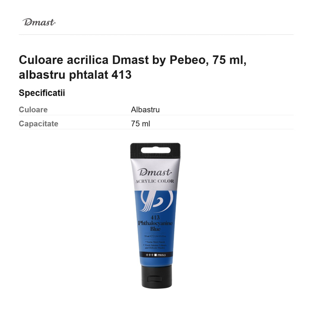 Culoare acrilica Dmast by Pebeo, 75 ml, albastru phtalat 413 [3]
