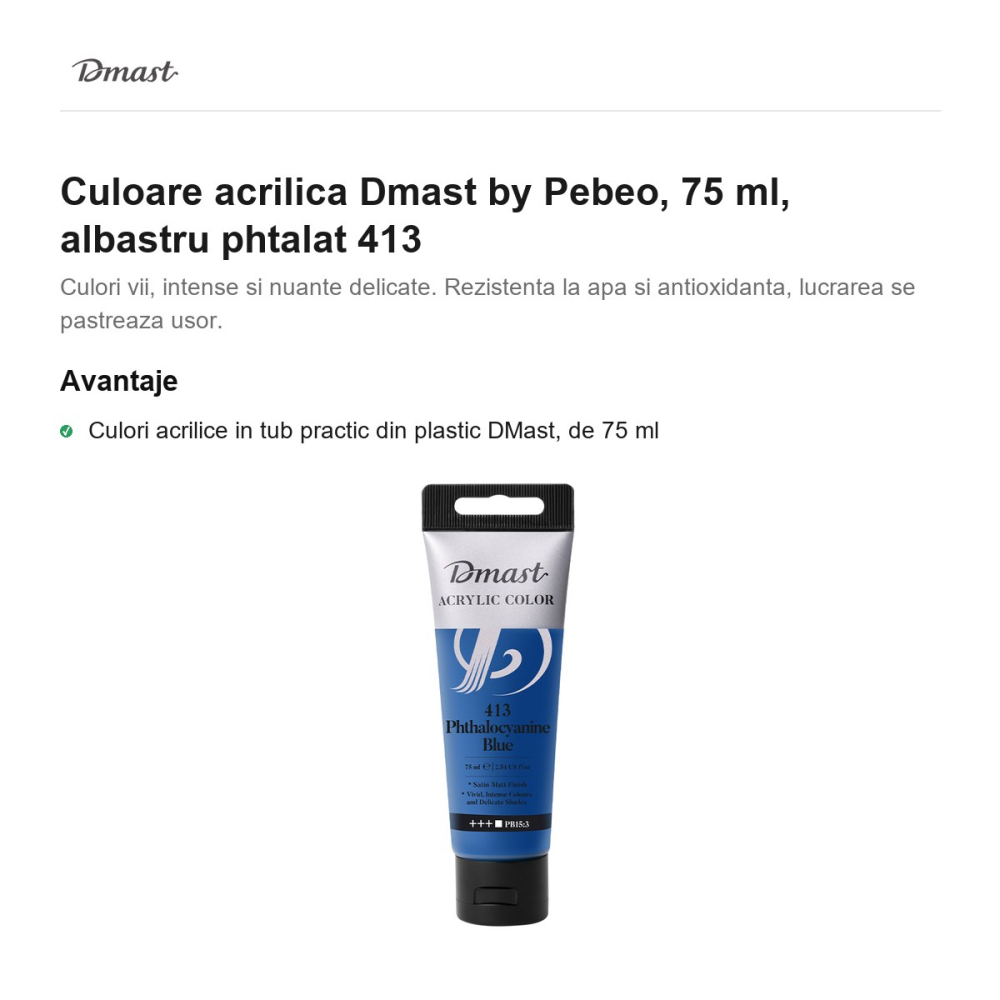 Culoare acrilica Dmast by Pebeo, 75 ml, albastru phtalat 413 [2]