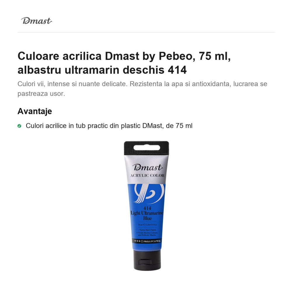 Culoare acrilica Dmast by Pebeo, 75 ml, albastru ultramarin deschis 414 [2]